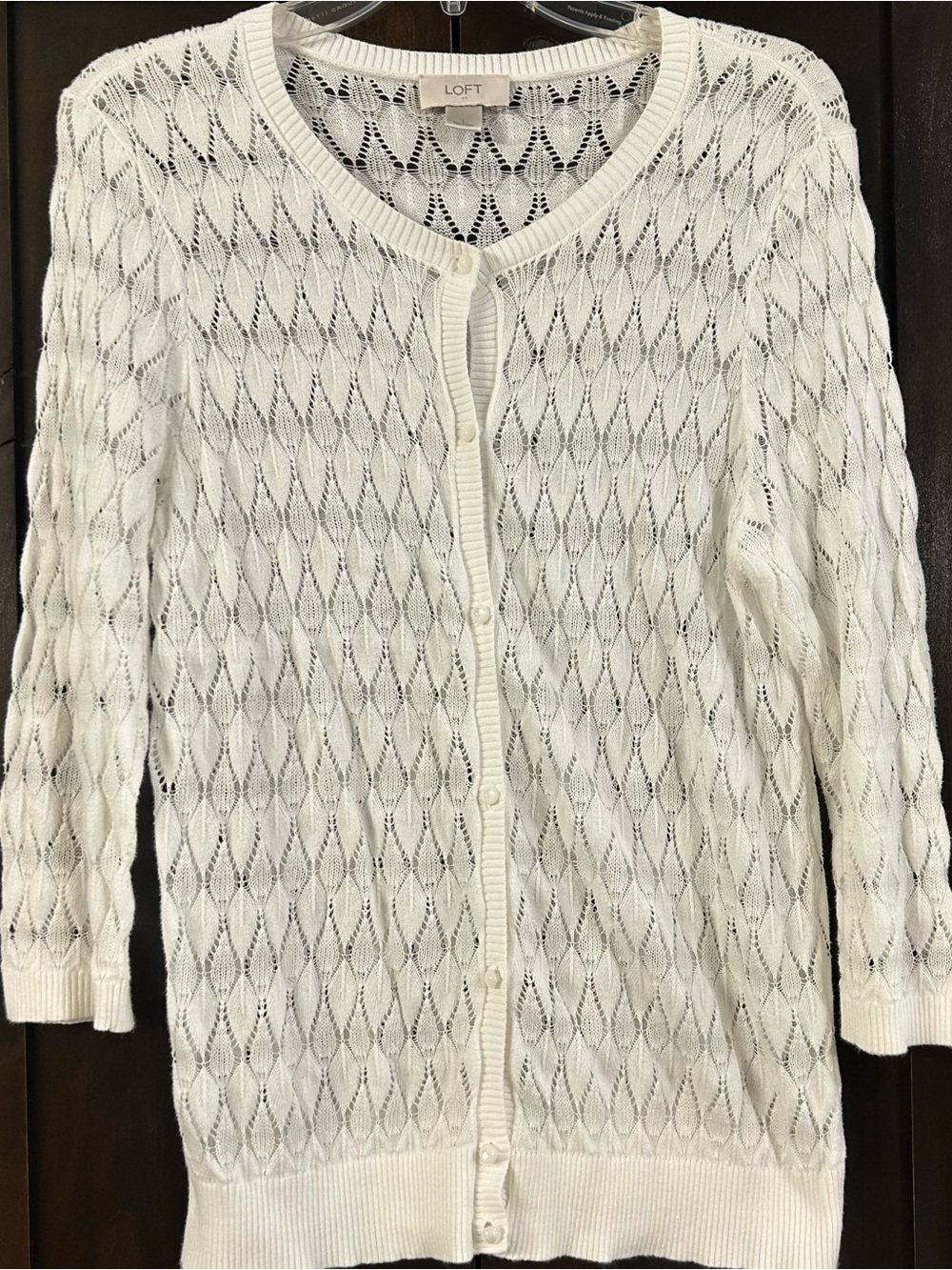 LOFT white pointelle knit button-up cardigan sweater Sz L